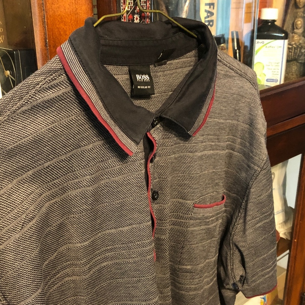 BOSS Men's Charcoal Polo with Red Trim